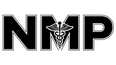Black 'NMP' logo with a caduceus symbol on a white background